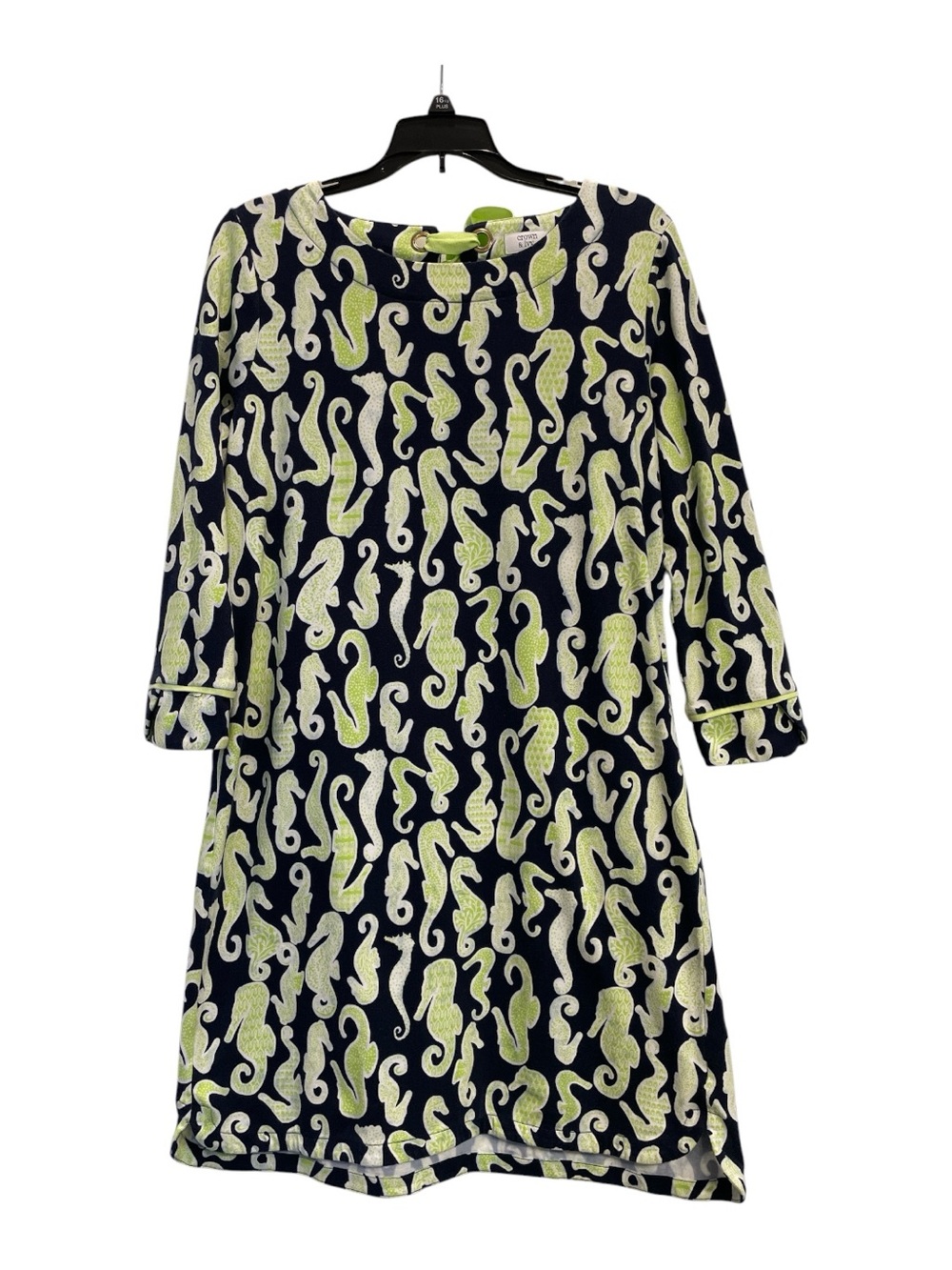 crown & ivy Navy and Lime Seahorse Print 3/4 Sleeve Shift Dress Size M